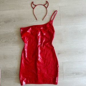 Devil costume, faux leather mini dress and rhinestone devil ear headband